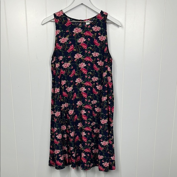Old navy Womens Dress M Navy Pink Floral Button Keyhole Sleeveless Pullover EUC - Picture 1 of 12